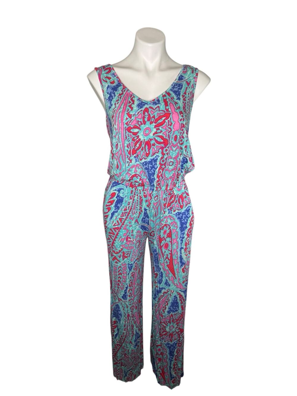 TORI RICHARD Coral Ocean Jersey Jumpsuit in Teal Pink Blue Size Small Womens